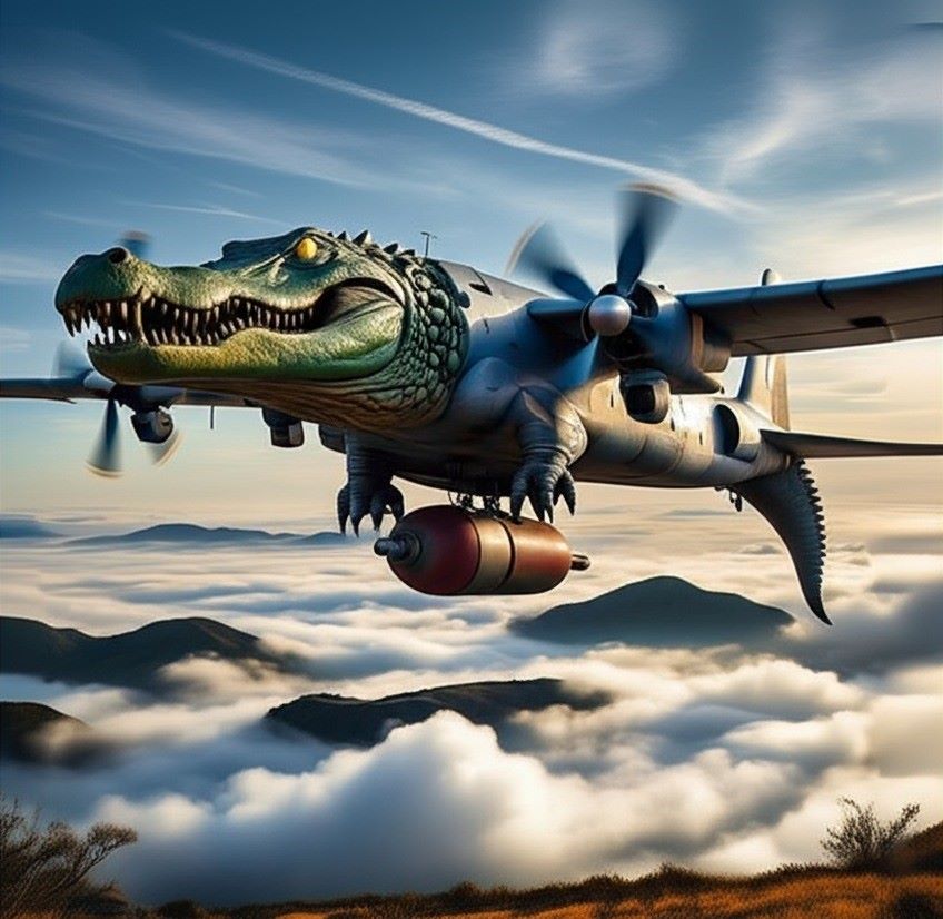 AI-generated hybrid of crocodile and bomber plane
