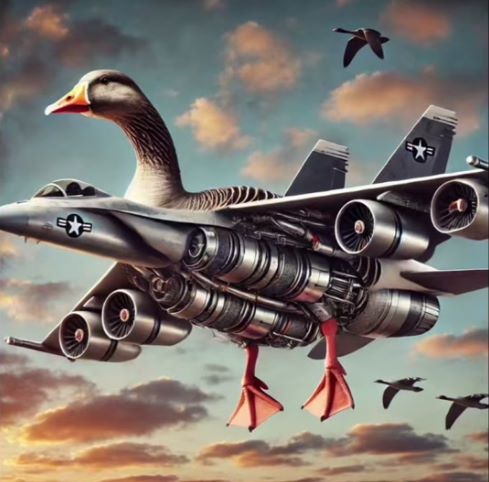 AI-generated image of Bombombini Gusini - a goose with fighter jet features
