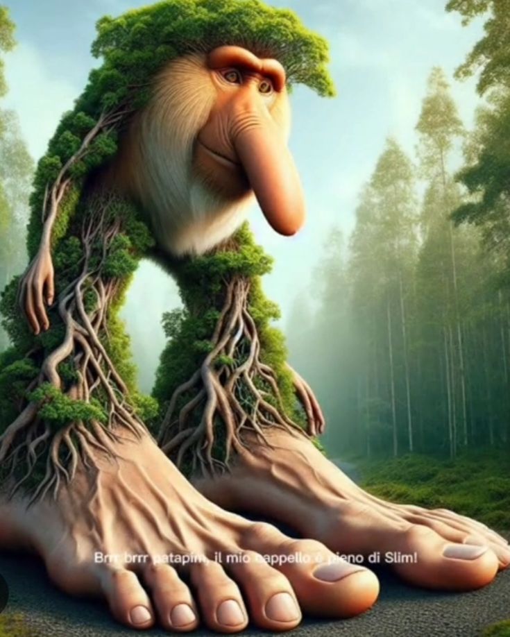 AI-generated tree-monkey hybrid with large feet