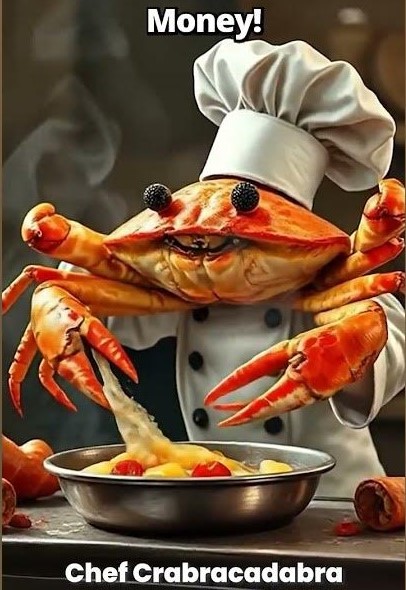 AI-generated crab wearing a chef's hat and cooking pasta