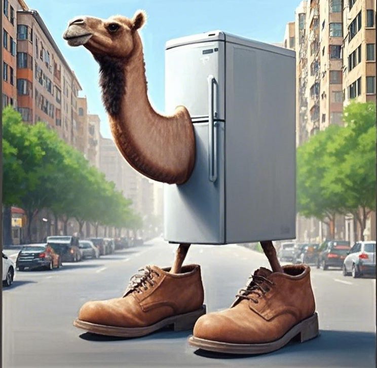 AI-generated camel with refrigerator body wearing Timberland boots