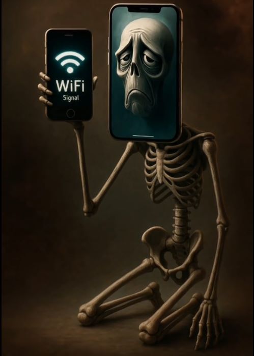 Pot Hotspot skeleton character holding phone showing Wi-Fi symbol